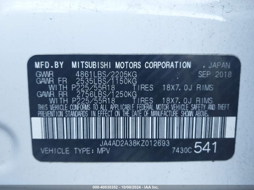 2019 Mitsubishi Outlander Es VIN: JA4AD2A38KZ012693 Lot: 40530352