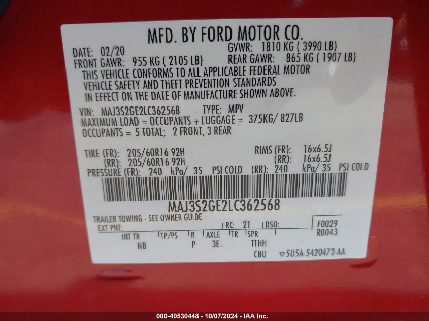 MAJ3S2GE2LC362568 2020 Ford Ecosport Se