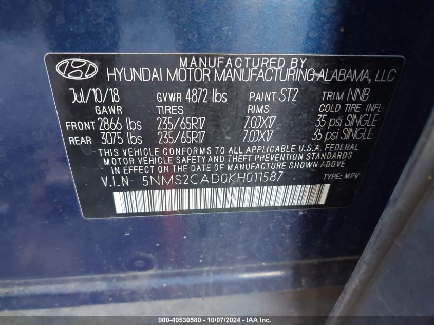 5NMS2CAD0KH011587 2019 Hyundai Santa Fe Se