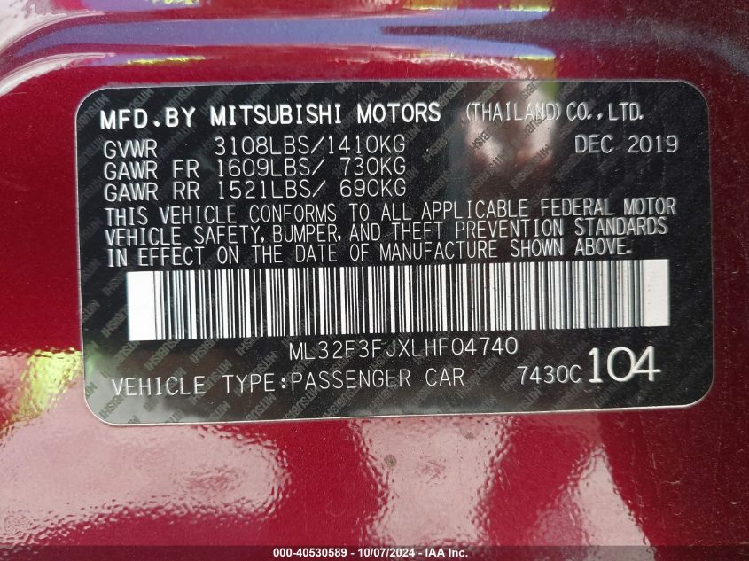 2020 Mitsubishi Mirage G4 Es VIN: ML32F3FJXLHF04740 Lot: 40530589