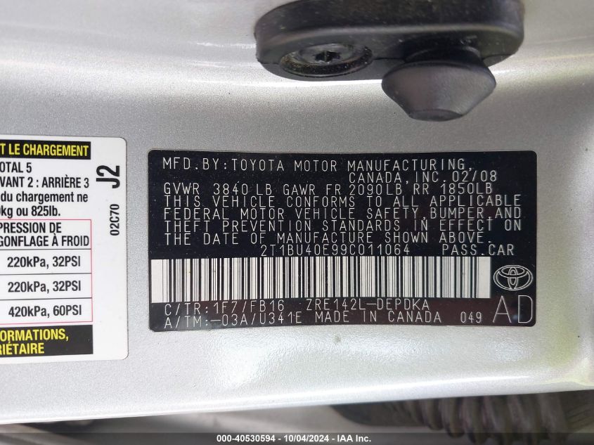 2009 Toyota Corolla Le VIN: 2T1BU40E99C011064 Lot: 40530594