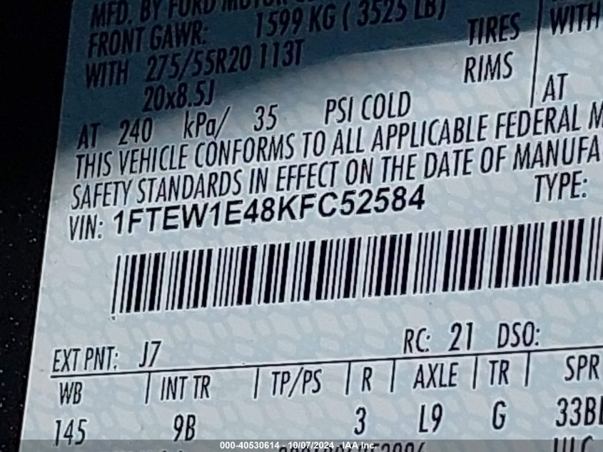 1FTEW1E48KFC52584 2019 Ford F-150 Platinum