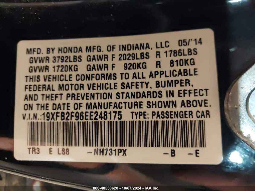 19XFB2F96EE248175 2014 Honda Civic Ex-L