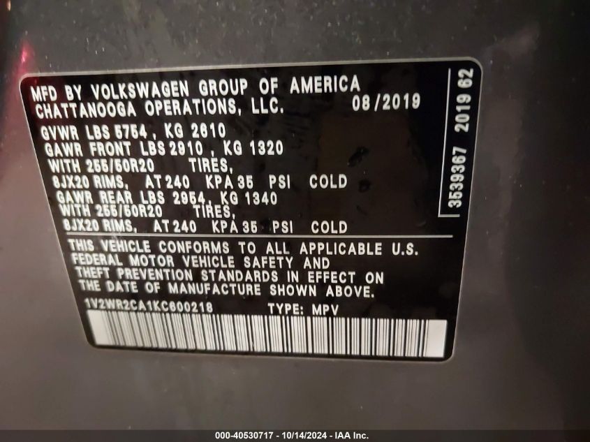 2019 Volkswagen Atlas 3.6L V6 Se W/Technology VIN: 1V2WR2CA1KC600218 Lot: 40530717