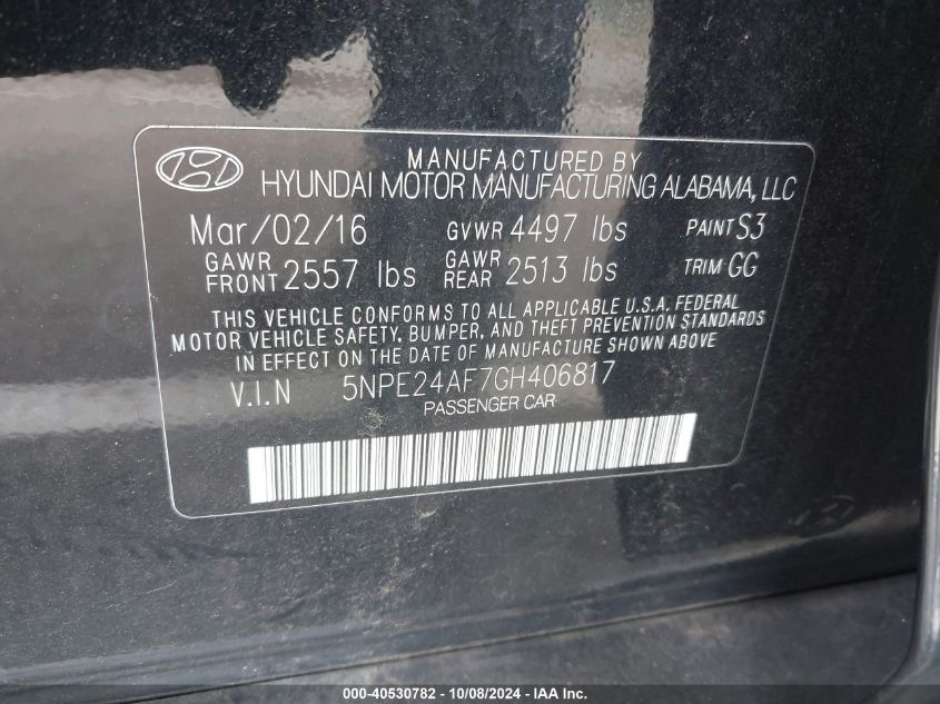 5NPE24AF7GH406817 2016 Hyundai Sonata