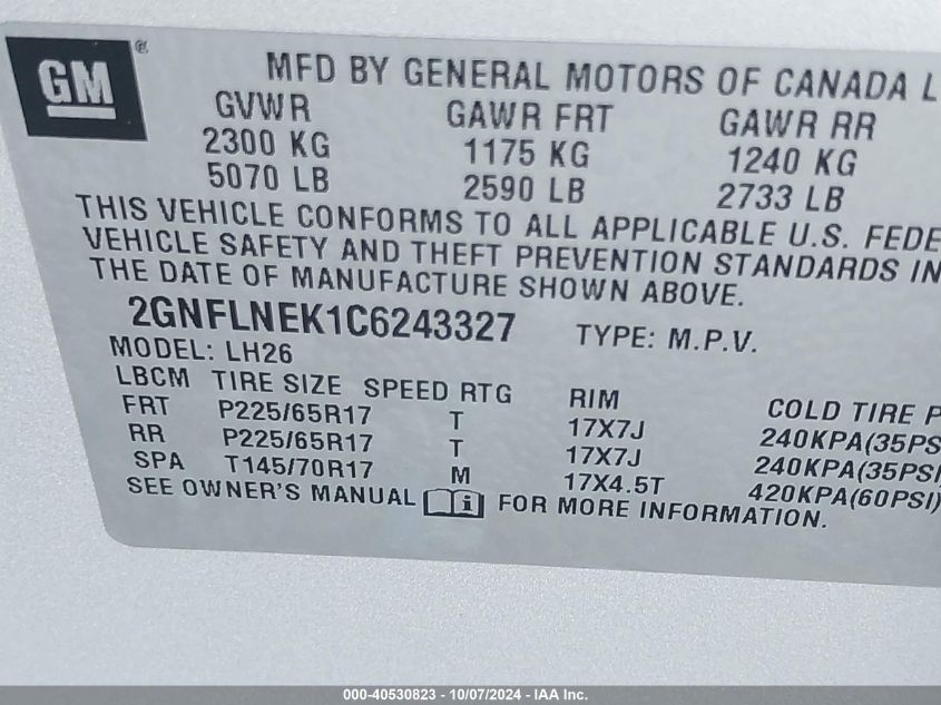 2GNFLNEK1C6243327 2012 Chevrolet Equinox 2Lt