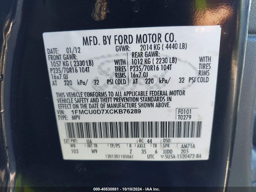 1FMCU0D7XCKB76289 2012 Ford Escape Xlt