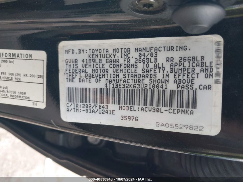 4T1BE32K63U210041 2003 Toyota Camry Le