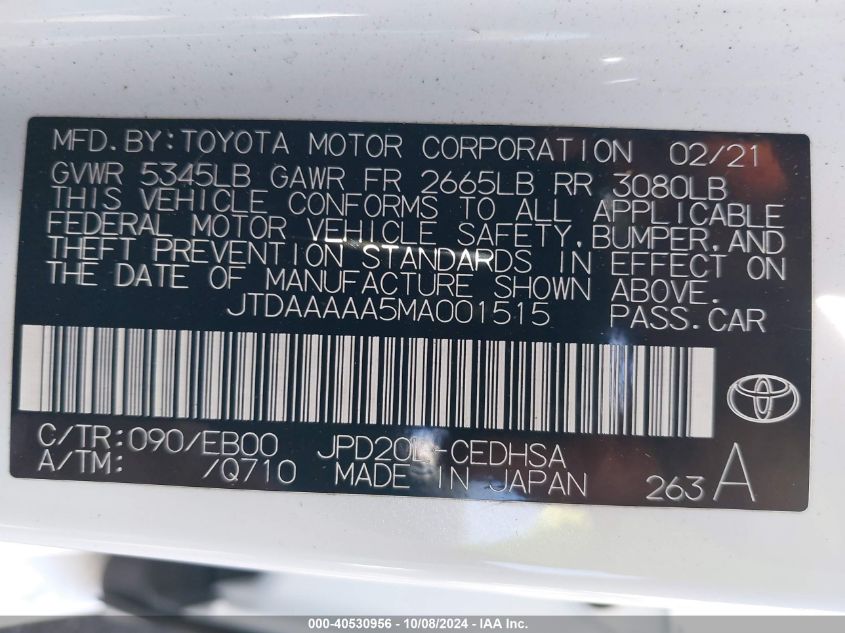 2021 Toyota Mirai Limited VIN: JTDAAAAA5MA001515 Lot: 40530956