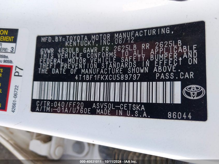 4T1BF1FKXCU589797 2012 Toyota Camry Se