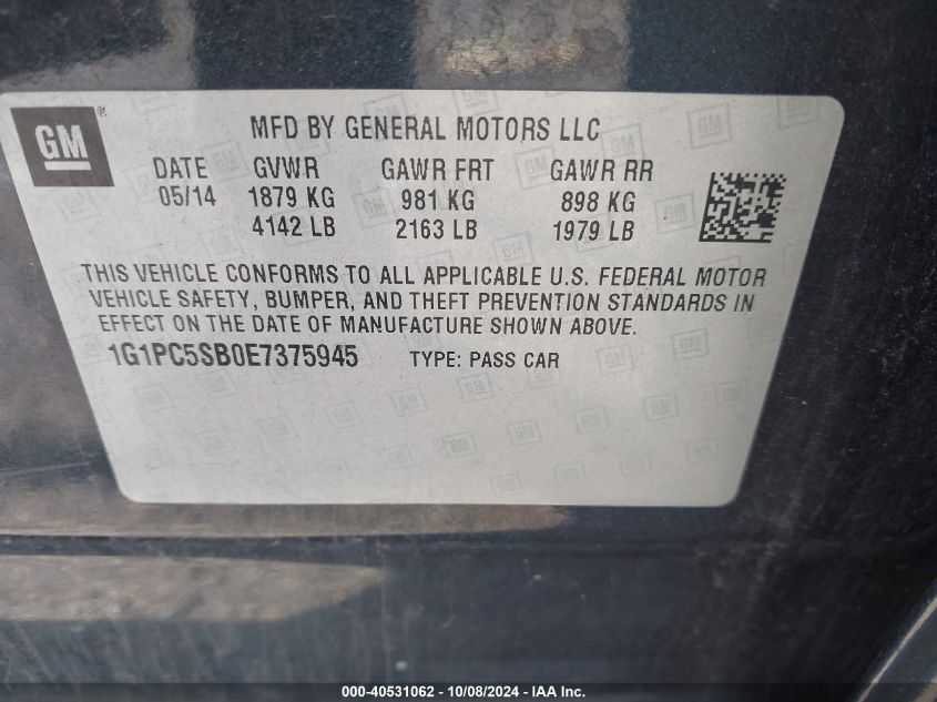 1G1PC5SB0E7375945 2014 Chevrolet Cruze 1Lt Auto