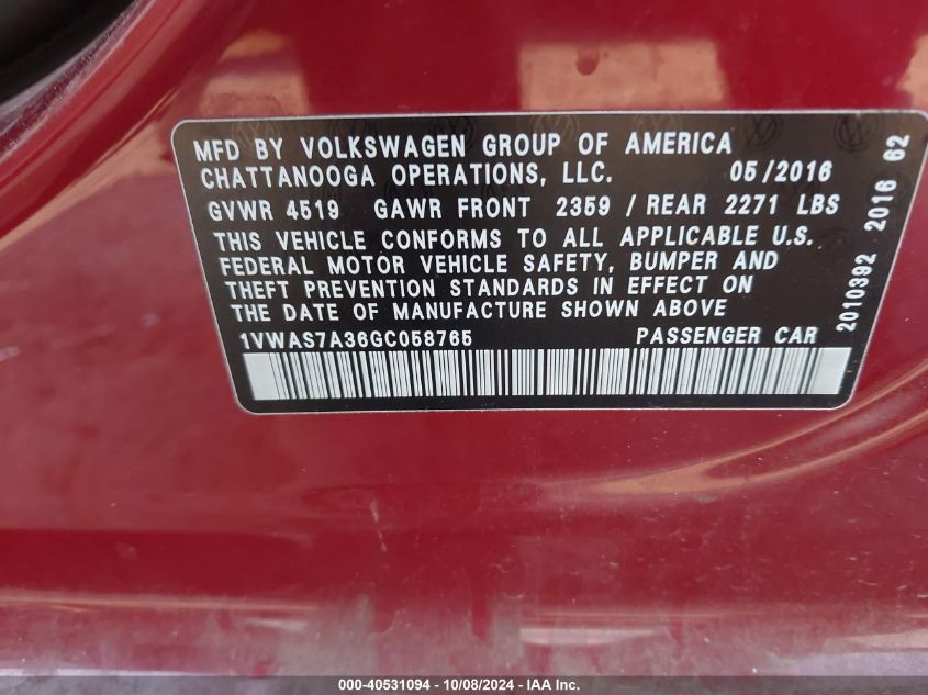 1VWAS7A36GC058765 2016 Volkswagen Passat S/R-Line