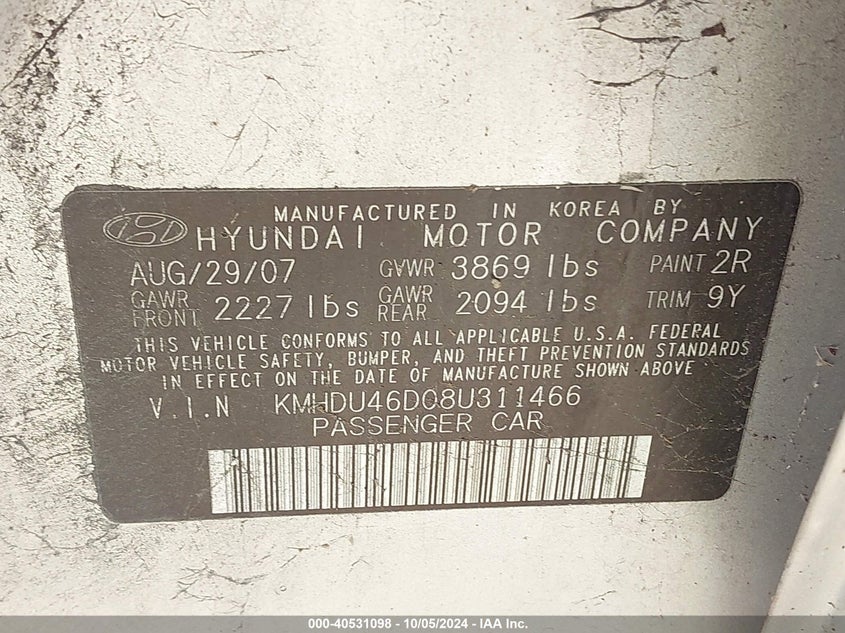 KMHDU46D08U311466 2008 Hyundai Elantra Gls/Se