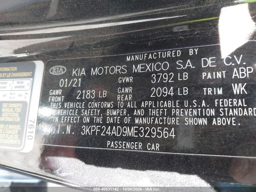 3KPF24AD9ME329564 2021 Kia Forte Lxs