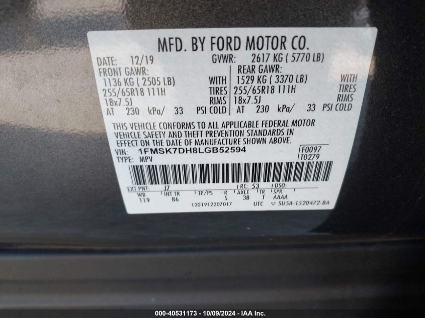 2020 Ford Explorer Xlt VIN: 1FMSK7DH8LGB52594 Lot: 40531173