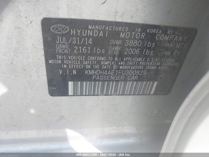 KMHDH4AE1FU300929 2015 Hyundai Elantra Se/Sport/Limited