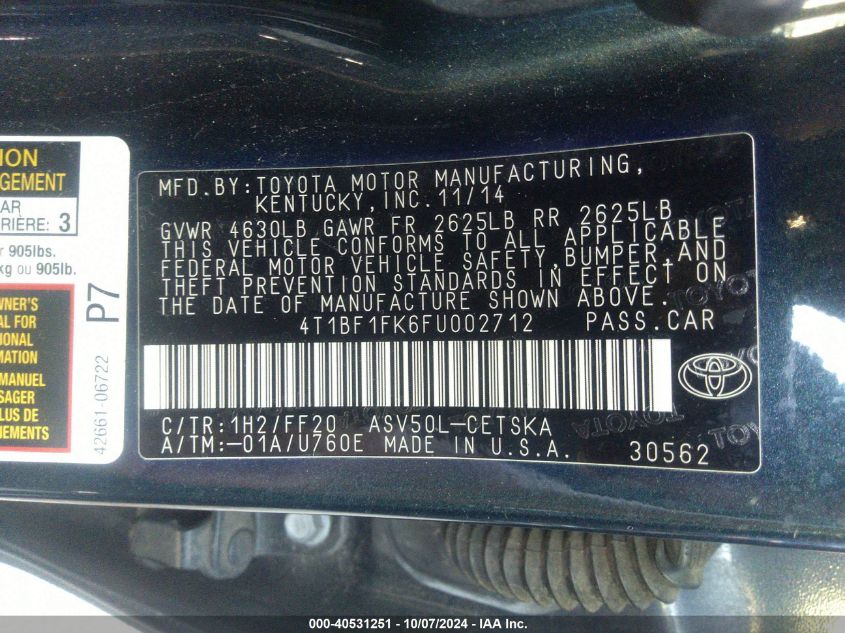 4T1BF1FK6FU002712 2015 Toyota Camry Le/Xle/Se/Xse