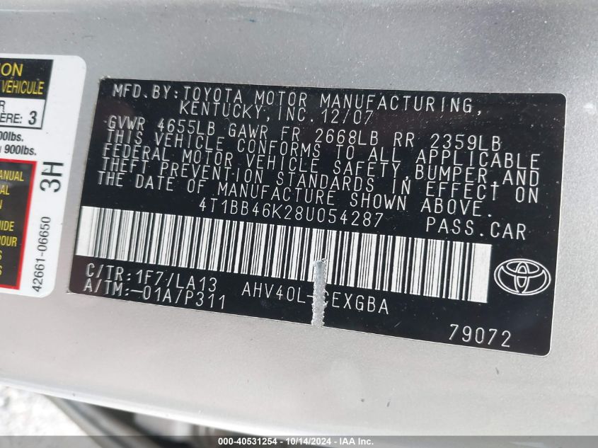 2008 Toyota Camry Hybrid VIN: 4T1BB46K28U054287 Lot: 40531254