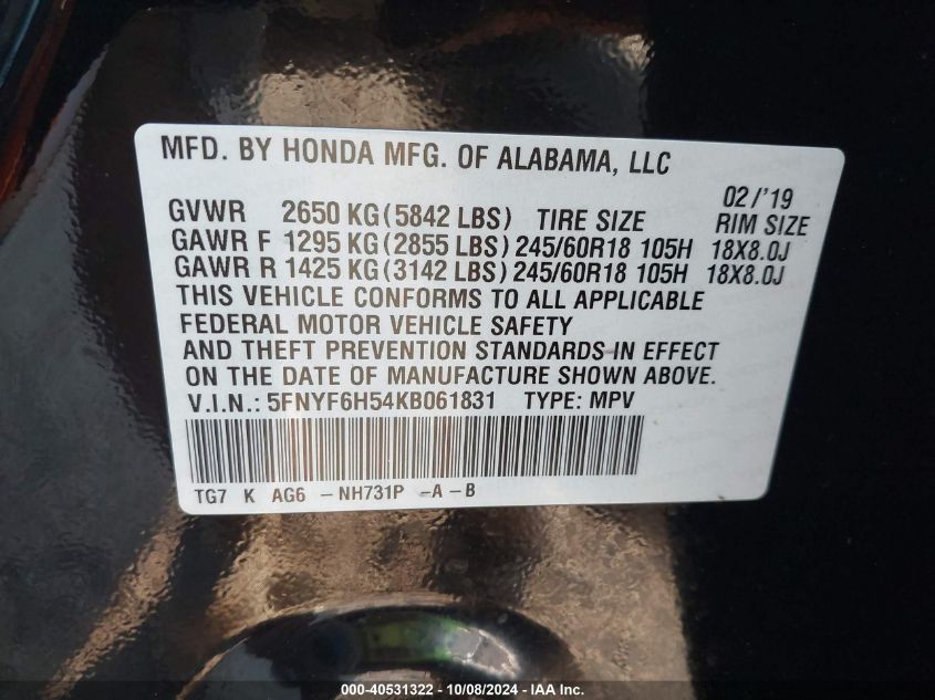 5FNYF6H54KB061831 2019 Honda Pilot Exl