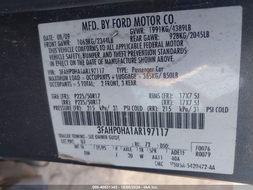 3FAHP0HA1AR197117 2010 Ford Fusion Se