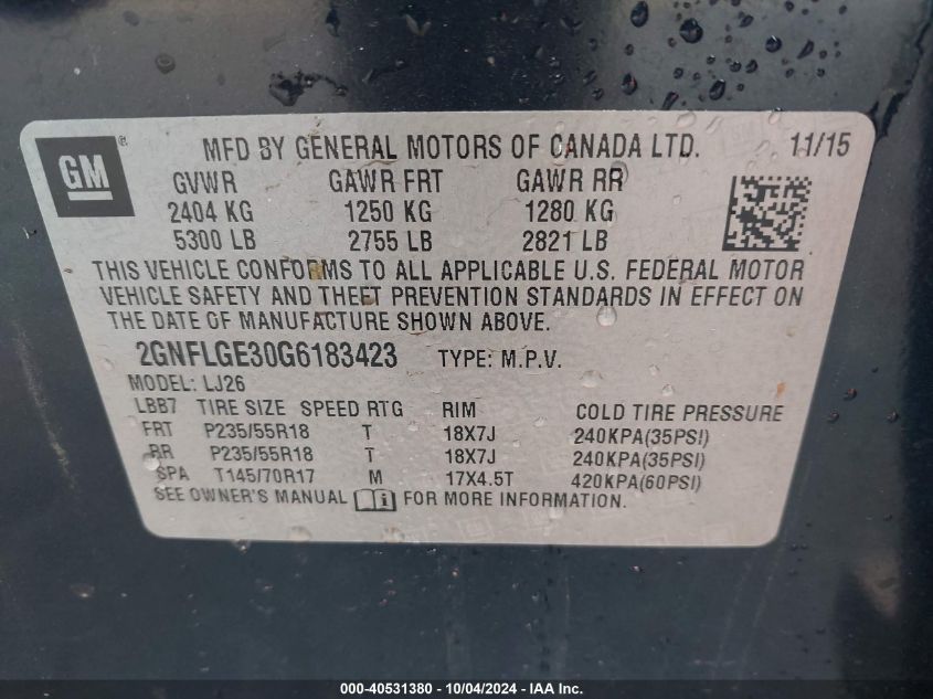 2GNFLGE30G6183423 2016 Chevrolet Equinox Ltz