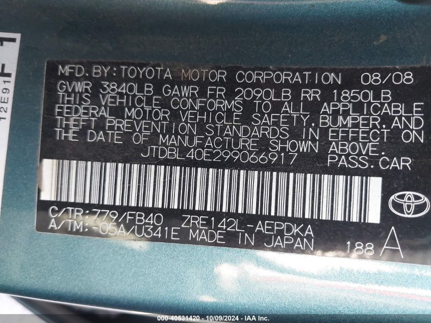 JTDBL40E299066917 2009 Toyo Corolla Xle Automati Le