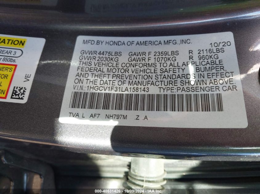 VIN 1HGCV1F31LA158143 2020 HONDA ACCORD no.9