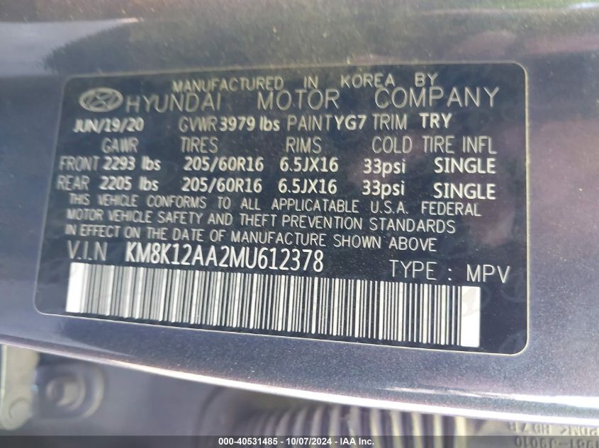 2021 Hyundai Kona Se VIN: KM8K12AA2MU612378 Lot: 40531485