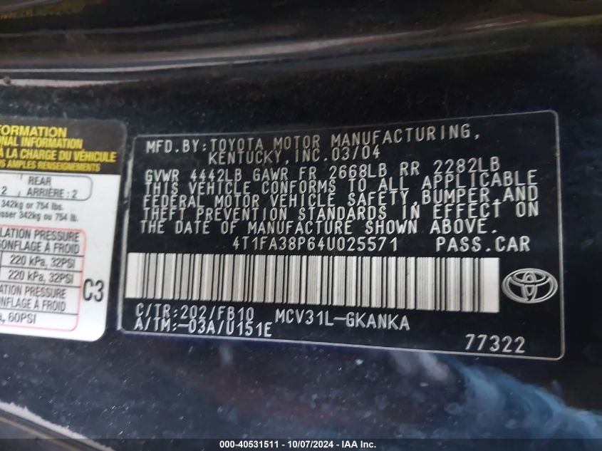 4T1FA38P64U025571 2004 Toyota Camry Solara Se