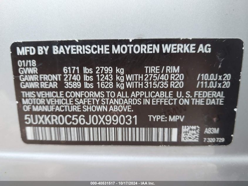 VIN 5UXKR0C56J0X99031 2018 BMW X5, Xdrive35I no.9