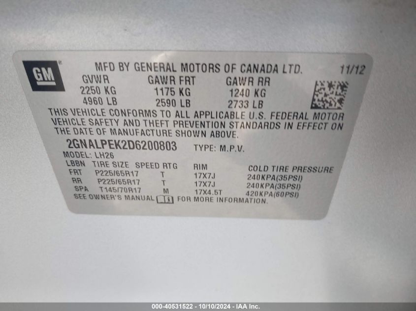 2GNALPEK2D6200803 2013 Chevrolet Equinox 2Lt