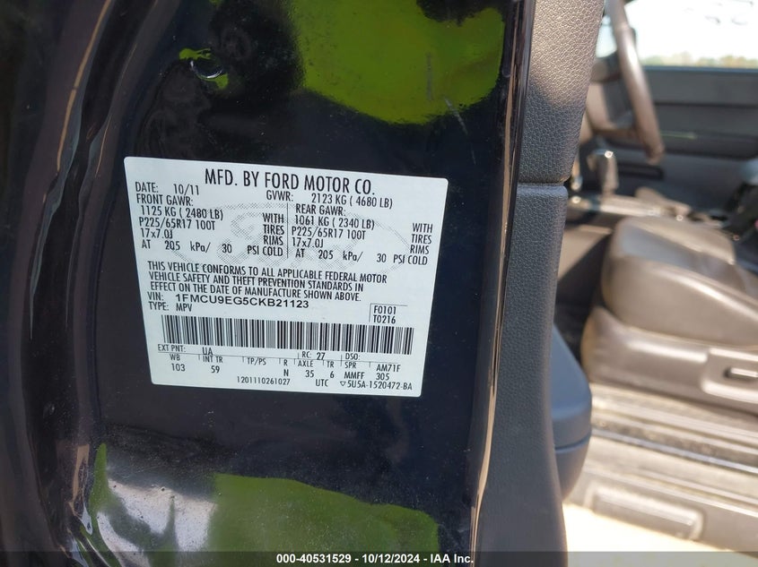 2012 Ford Escape Limited VIN: 1FMCU9EG5CKB21123 Lot: 40531529