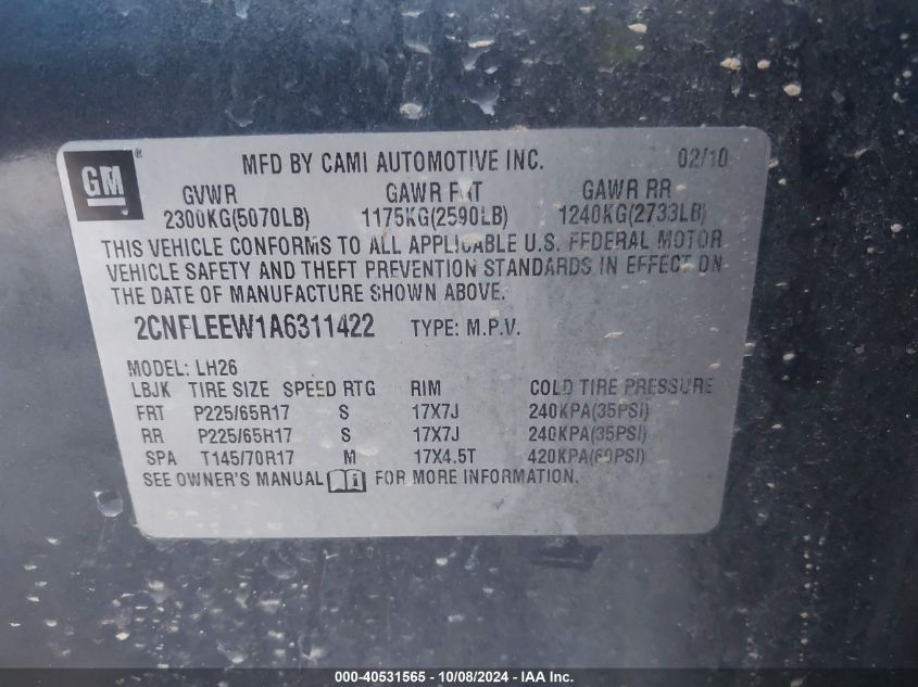 2CNFLEEW1A6311422 2010 Chevrolet Equinox Lt