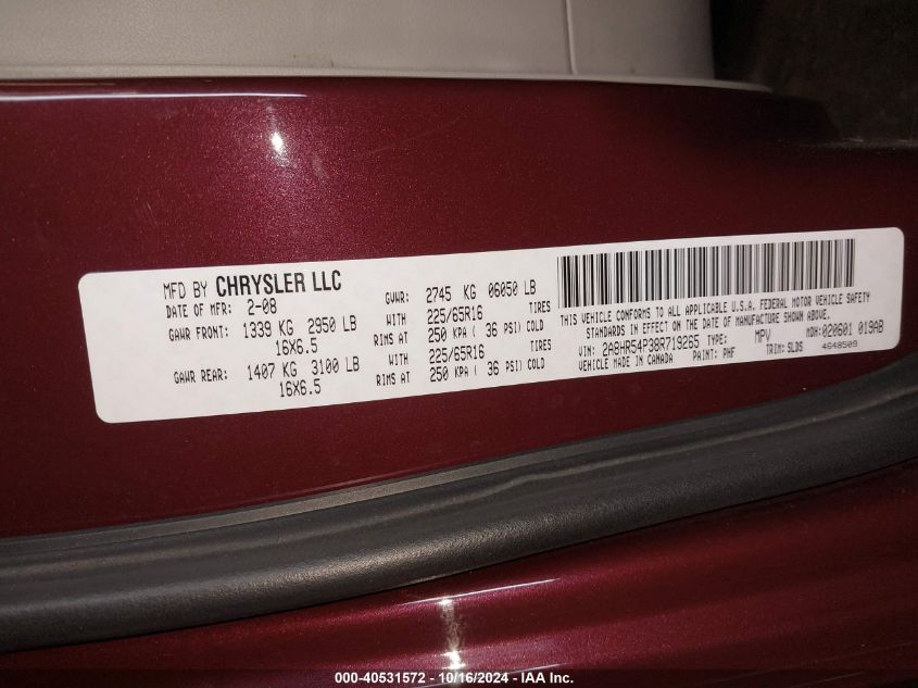 2008 Chrysler Town & Country Touring VIN: 2A8HR54P38R719265 Lot: 40531572