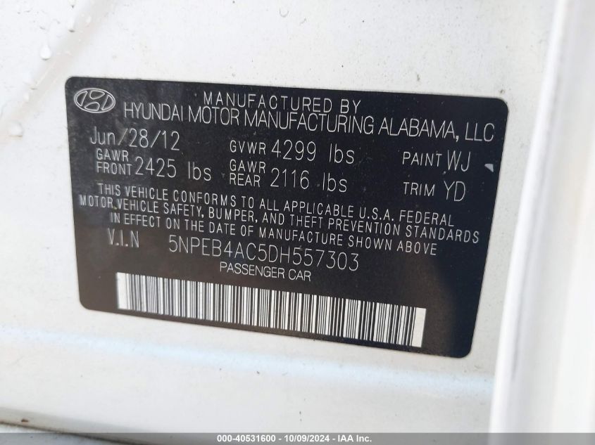 5NPEB4AC5DH557303 2013 Hyundai Sonata Gls