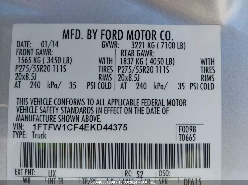 1FTFW1CF4EKD44375 2014 Ford F-150 Stx