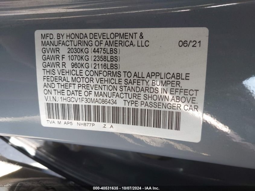 1HGCV1F30MA086434 2021 Honda Accord Sport