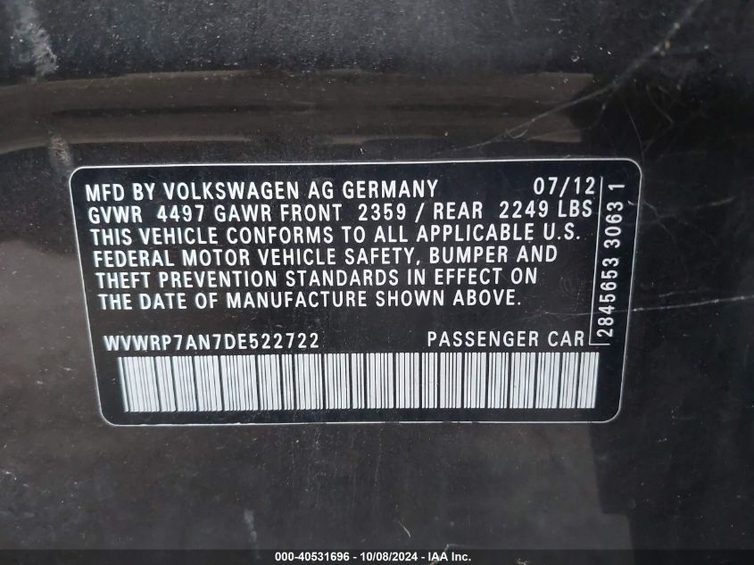 WVWRP7AN7DE522722 2013 Volkswagen Cc Lux