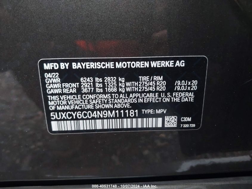 2022 BMW X6 xDrive40I VIN: 5UXCY6C04N9M11181 Lot: 40531748