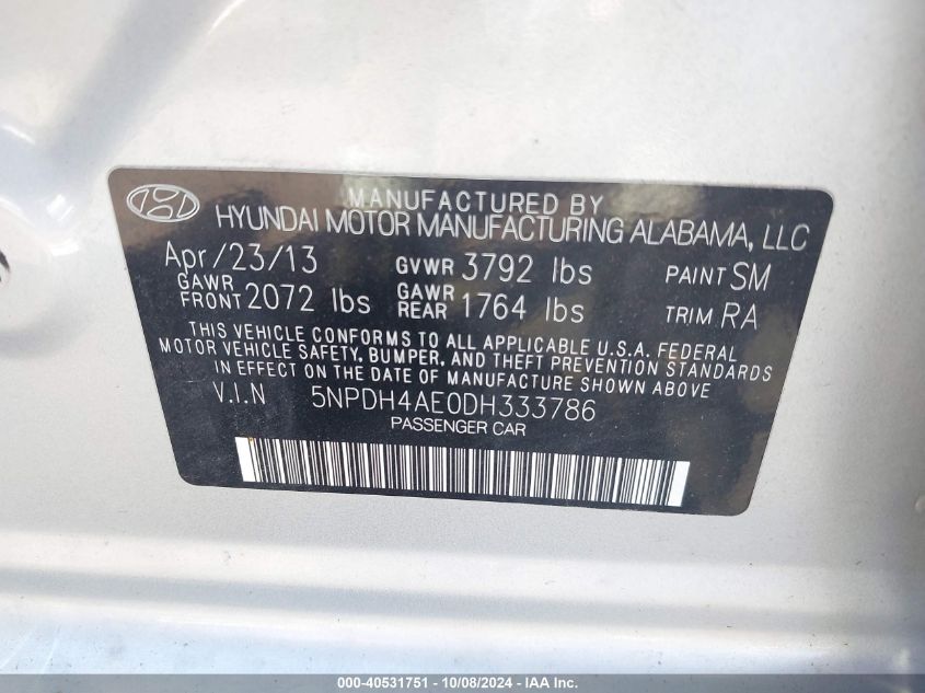 5NPDH4AE0DH333786 2013 Hyundai Elantra Gls/Limited