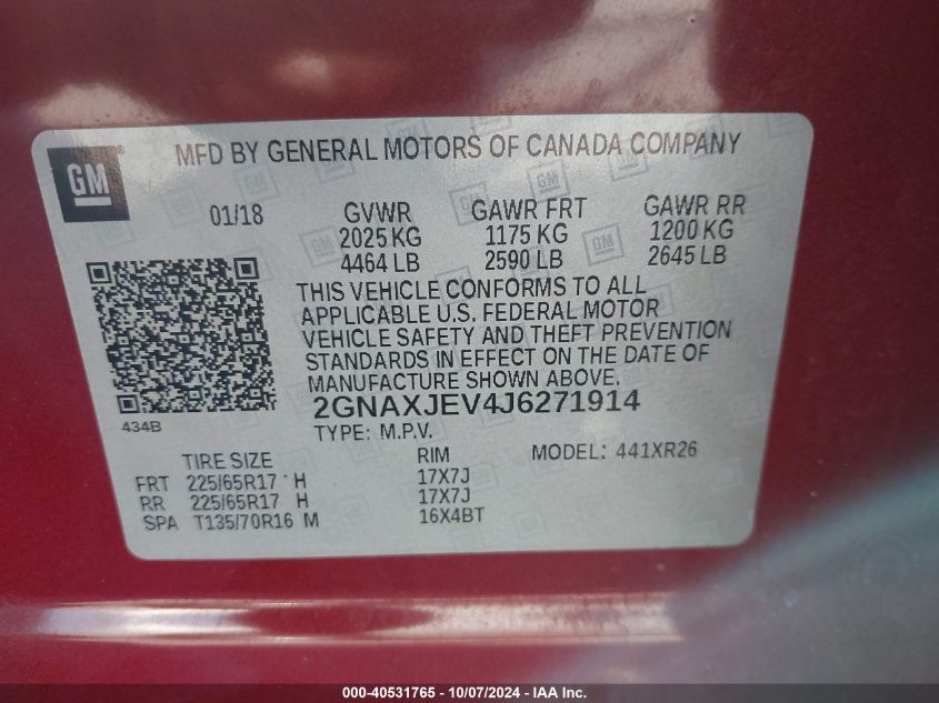 2GNAXJEV4J6271914 2018 Chevrolet Equinox Lt