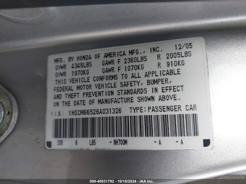 2006 Honda Accord 3.0 Ex VIN: 1HGCM66526A031326 Lot: 40531792