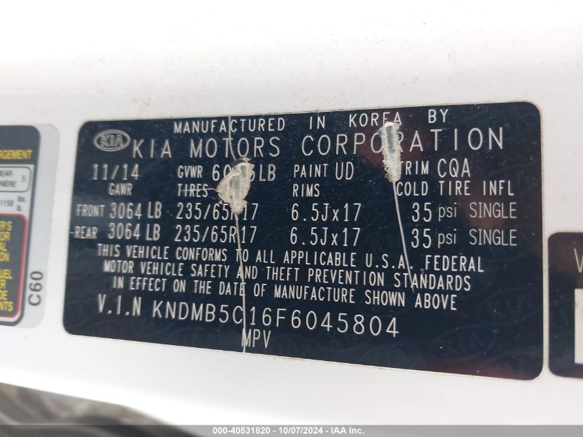 KNDMB5C16F6045804 2015 Kia Sedona Lx