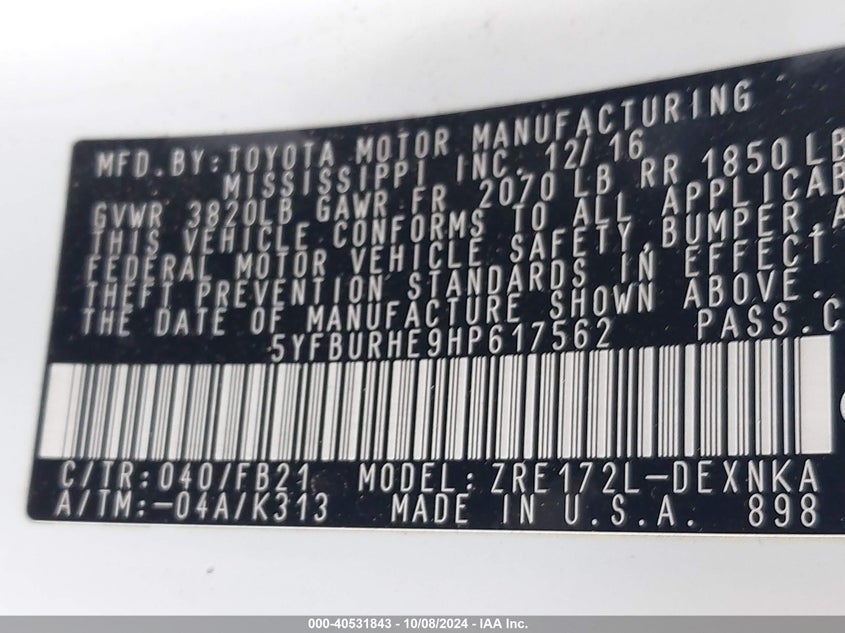 2017 TOYOTA COROLLA LE - 5YFBURHE9HP617562