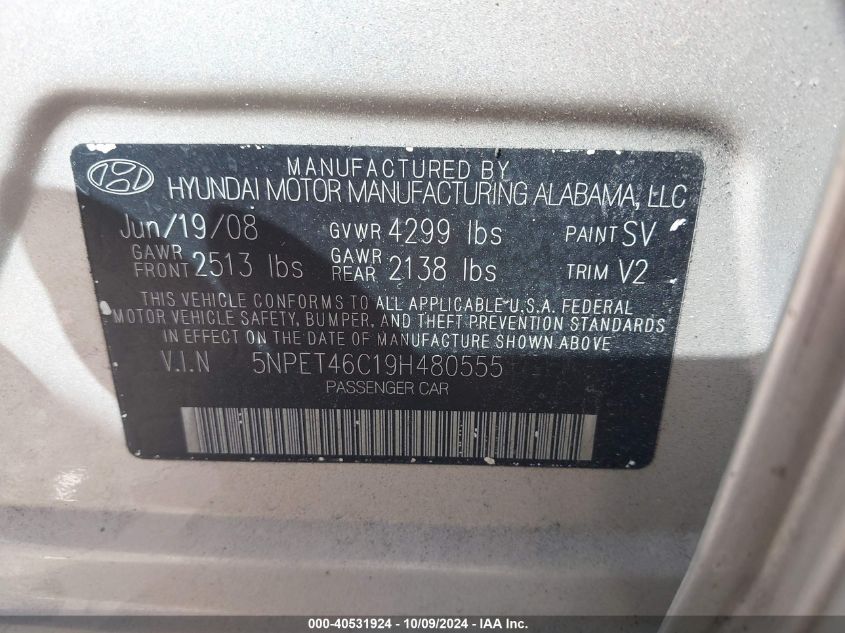 5NPET46C19H480555 2009 Hyundai Sonata Gls