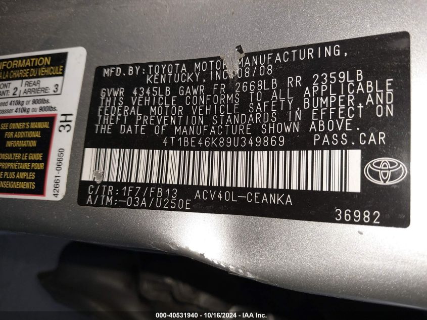 2009 Toyota Camry Le VIN: 4T1BE46K89U349869 Lot: 40531940