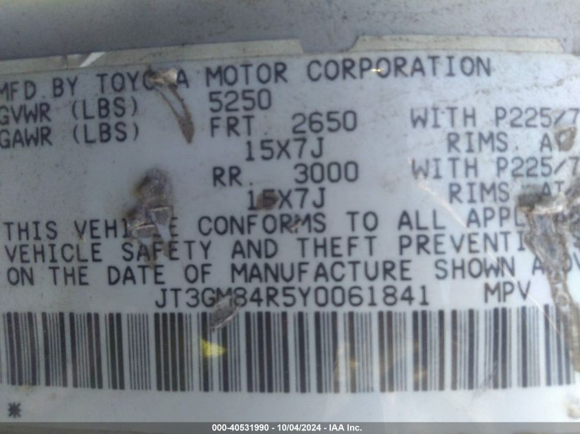 JT3GM84R5Y0061841 2000 Toyota 4Runner