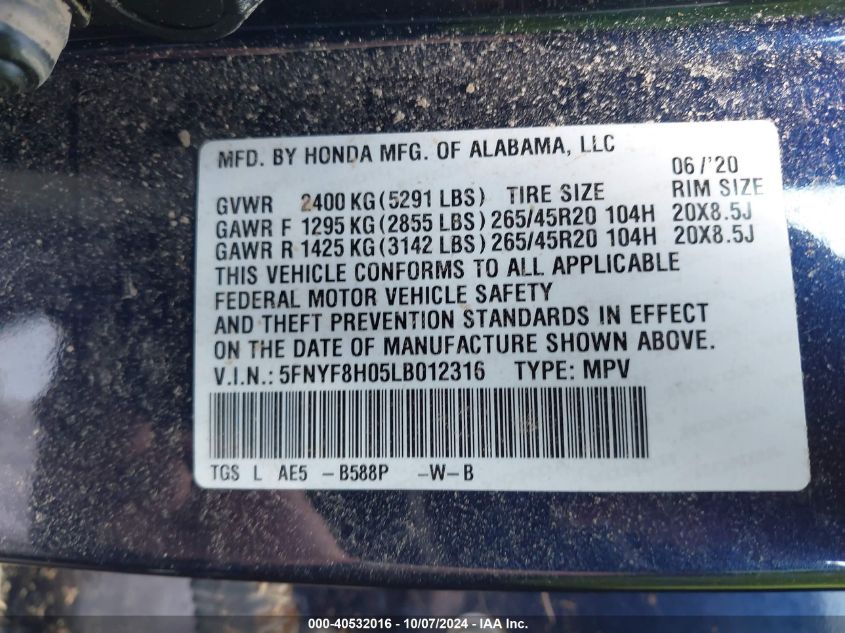 2020 Honda Passport Awd Elite VIN: 5FNYF8H05LB012316 Lot: 40532016