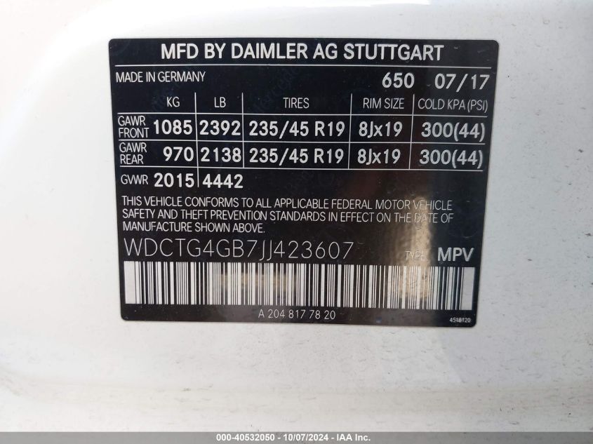 VIN WDCTG4GB7JJ423607 2018 Mercedes-Benz GLA 250, 4... no.9