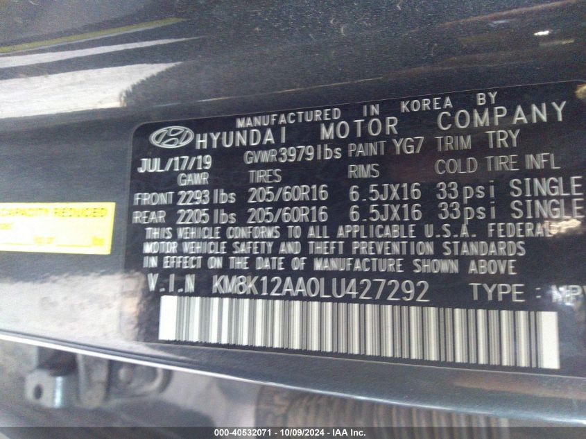 2020 Hyundai Kona Se VIN: KM8K12AA0LU427292 Lot: 40532071